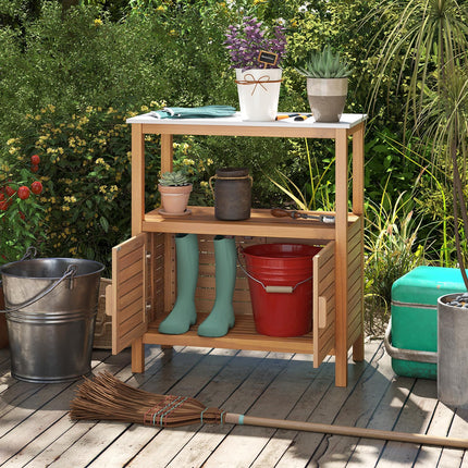 Goplus Patio Acacia Wood Storage Cabinet with Marble-Like Countertop (31.5” x 16” x 35.5”)