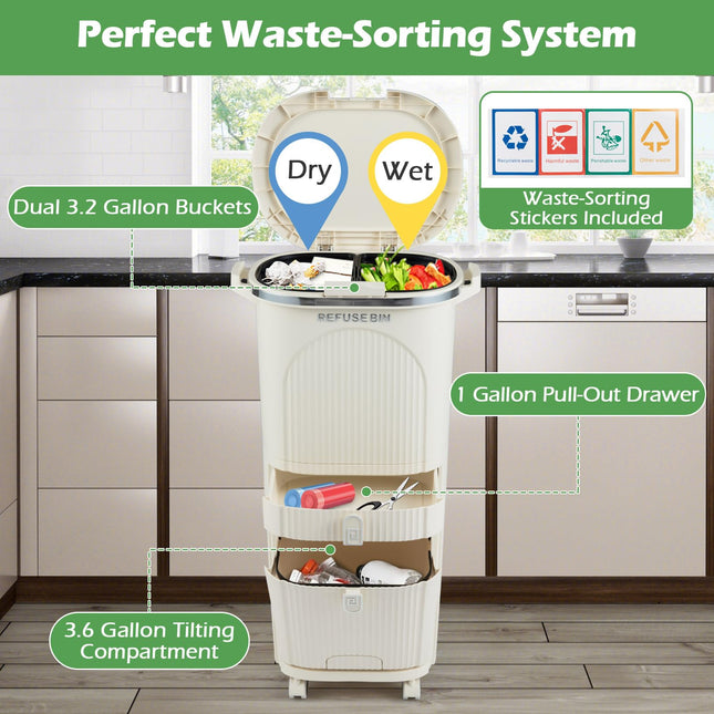 Goplus 11 Gallon 3-Layer Kitchen Trash Can with Lid and 2 Removable Buckets-Beige