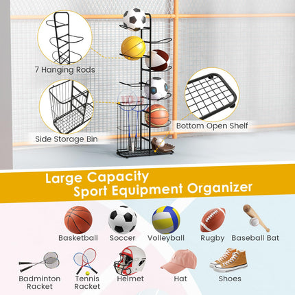 Goplus Garage Sports Equipment Organizer, 7 Ball Storage Rack with Basket, 7-Tier Detachable Stand