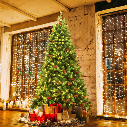 Goplus 7.5FT Pre-Lit Christmas Tree with 550 LED Lights, Hinged Artificial Christmas Tree with 1526 Branch Tips - GoplusUS