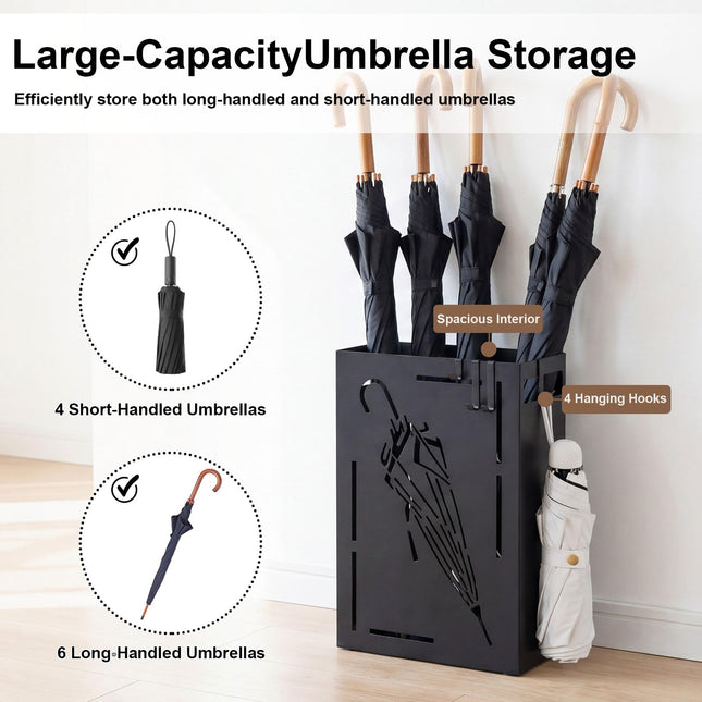 Goplus Rectangular Umbrella Holder Rack with Removable Drip Tray and 4 Hanging Hooks