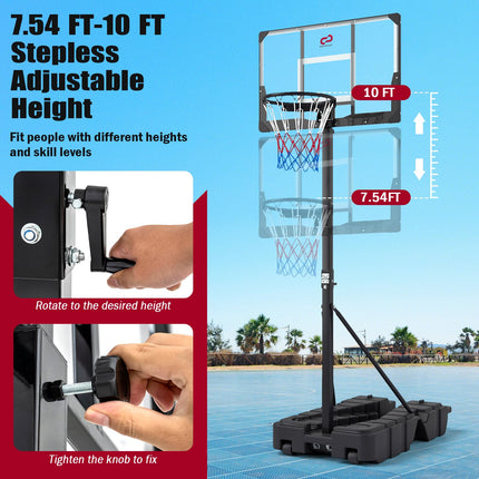 Goplus Foldable Basketball Hoop, 10 FT Stepless Adjustable Basketball Goal System w/Fillable Base