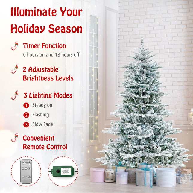 Goplus 6/7/8 ft Pre-Lit Snow Flocked Christmas Tree, Artificial Hinged Xmas Tree with 661/1119/1447 PVC & PE Tips
