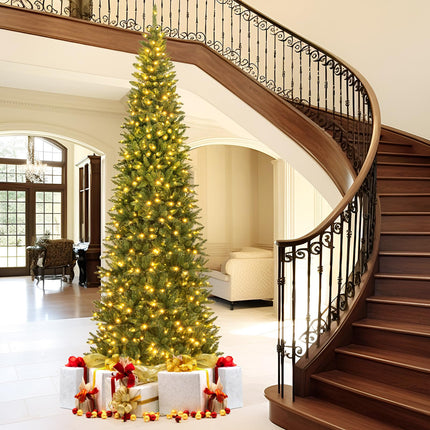 Goplus 12ft Pre-Lit Artificial Christmas Tree with 360° Quick Power Connector & LED Lights