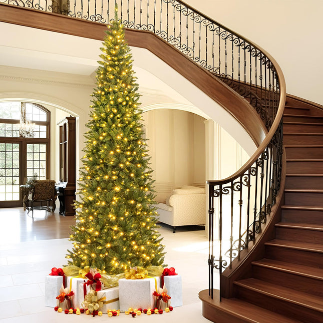 Goplus 12ft Pre-Lit Artificial Christmas Tree with 360° Quick Power Connector & LED Lights