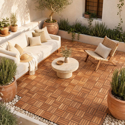 Goplus 27/54-Pack Acacia Wood Interlocking Deck Tiles (Grid) | Tool-Free Assembly
