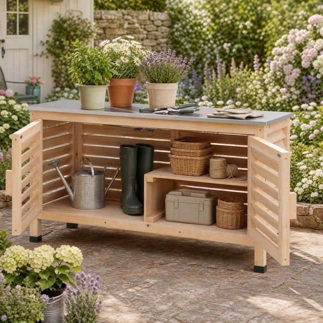Goplus Patio Storage Cabinet | Fir Wood Sideboard with Stainless Steel Countertop