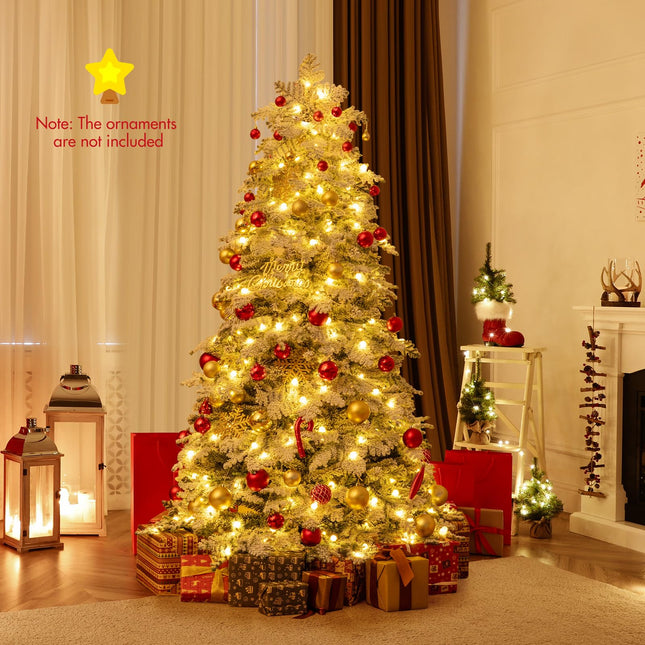 Goplus 6 FT / 7 FT Pre-Lit Snow Flocked Christmas Tree with Mixed Branch Tips