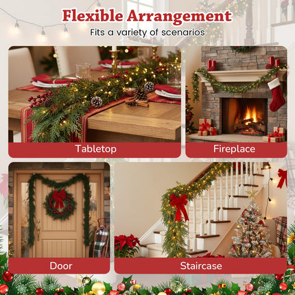 Goplus 9ft Pre-Lit Christmas Cedar Garland, Real Touch Lighted Battery Operated Artificial Cypress Garland