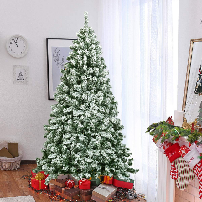 Goplus Snow Flocked Christmas Tree, Artificial Hinged Pine Tree - GoplusUS