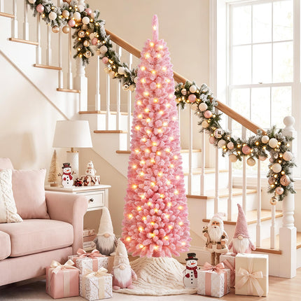 Goplus 6 FT/7 FT Pink Flocked Pre-Lit Pencil Christmas Tree | Slim Decoration Tree for Home Office