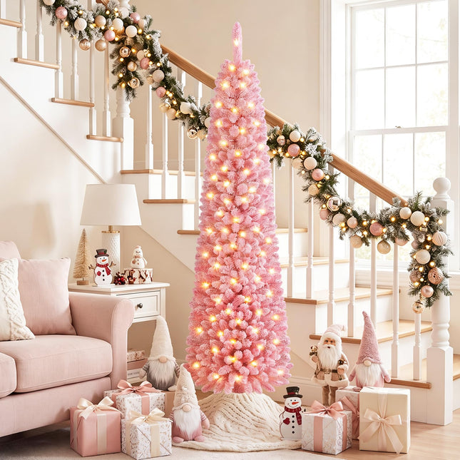 Goplus 6 FT/7 FT Pink Flocked Pre-Lit Pencil Christmas Tree | Slim Decoration Tree for Home Office