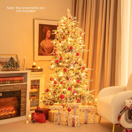 6ft Pre-Lit Snow Flocked Christmas Tree Artificial Hinged Xmas Tree with 210 Warm-White Incandescent Lights