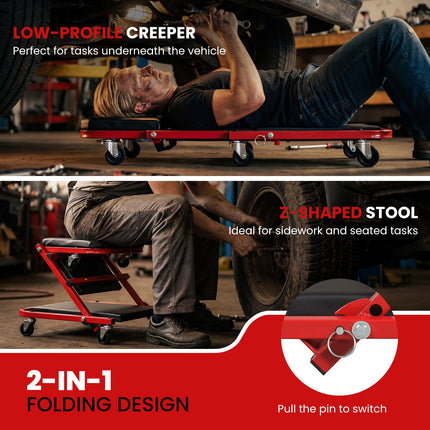 Goplus 2-in-1 Z-Shaped Rolling Garage Stool with Padded Seat & 6 Swivel Casters