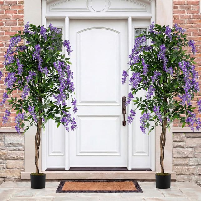 Goplus 6FT Ficus Artificial Tree Faux Wisteria Tree in Nursery Pot with Purple Lifelike Flowers