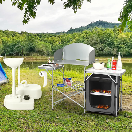 Folding Grill Table with Storage, Aluminum Outdoor Camping Kitchen Table with 26'' Tabletop - GoplusUS