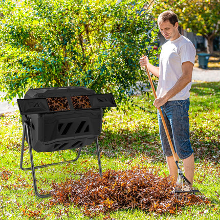 Goplus Compost Bin, 42-Gal Dual Chamber Composting Tumbler w/2 Sliding Doors, Heavy-Duty Metal Frame