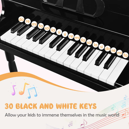 Goplus 30-Key Classical Kids Piano, Mini Grand Piano Wooden Learn-to-Play Musical Instrument Toy with Bench (4 Straight Leg-Black)