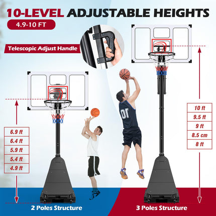 Goplus 4.9-10 FT Adjustable Portable Basketball Hoop Outdoor w/Shatterproof PC Backboard