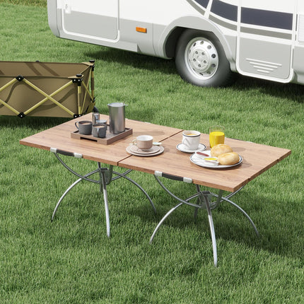 Goplus Aluminum Camping Table, 2 PCS Folding Picnic Tables w/Extendable Design, Wood-Grain Tabletop