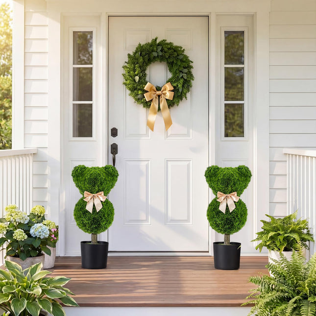 Goplus 2 Pcs Bear Topiary Trees with Pots 24.5" Sun-Resistant Bear-Shaped Faux Boxwood Plants