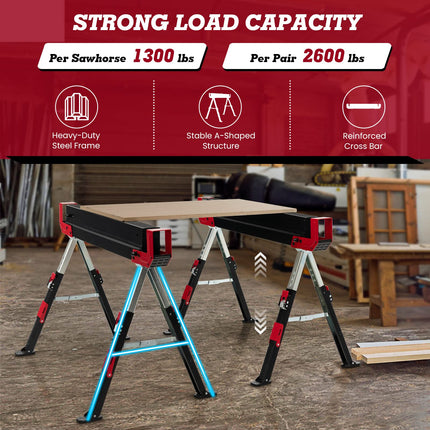 Goplus 2 Pack Folding Saw Horses, Heavy Duty Steel Sawhorse w/24闂傚倸鍊搁崐宄懊归崶顒�纾婚柟鐗堟緲绾惧潡鏌曢崼婵囧闁哄棙绮撻弻銊╂偄閸濆嫅銏ゆ煛閸曗晛鍔﹂柡?32.5闂傚倸鍊搁崐宄懊归崶顒�纾婚柟鐗堟緲绾惧潡鏌曢崼婵囧闁哄棙绮撻弻銊╂偄閸濆嫅銏ゆ煛閸曗晛鍔﹂柡?Adjustable Height, 2x4 Supporting Arms - GoplusUS