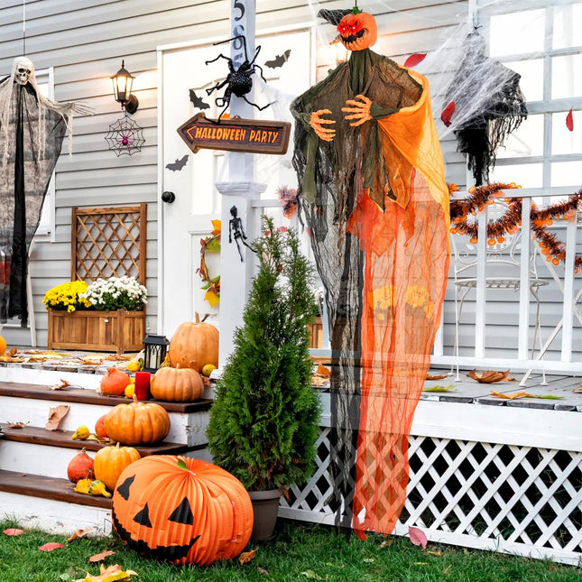 Goplus 6 Ft Hanging Halloween Decoration, Ghost Pumpkin Man with Red LED Eyes & Posable Arms