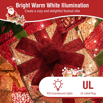 Goplus Lighted Boxes Tower, 15 Pieces Stackable Pre-lit Xmas Present Boxes w/ 450 Warm White Lights