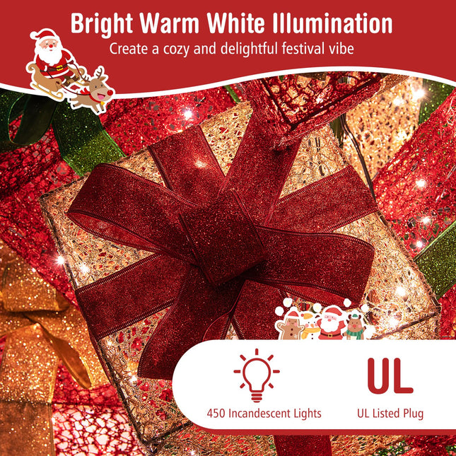 Goplus Lighted Boxes Tower, 15 Pieces Stackable Pre-lit Xmas Present Boxes w/ 450 Warm White Lights