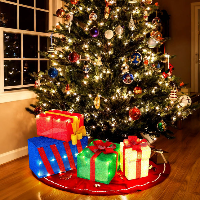 Goplus Christmas Lighted Gift Boxes Set of 4, Light Up Present Boxes with Colorful Bows