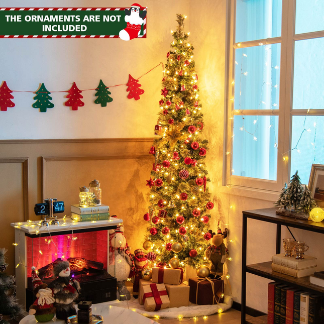 Goplus 7ft Pre-Lit Half-Shape Christmas Tree, Artificial Xmas Tree W/ 403 Branch Tips - GoplusUS