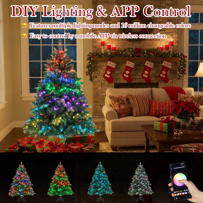 Goplus Smart Pre-Lit Artificial Christmas Tree with Remote Control & Twinkling Modes