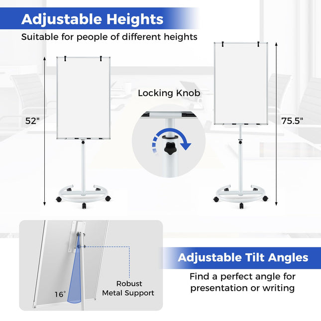 Goplus 40” x 26” Height-Adjustable Dry Erase Board on Wheels with Round Stable Stand