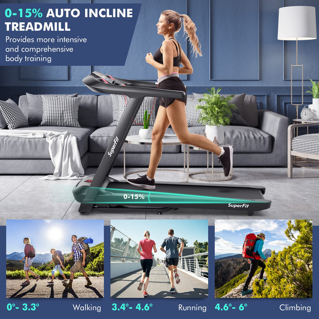 Goplus 4.75HP Folding Treadmill with 15% Auto Incline, Electric Superfit Treadmill w/Voice and APP Control - GoplusUS