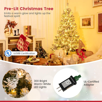 Goplus 3-Minute-Setup Pre-Lit Snow Flocked Christmas Tree for Office Home Holiday Decor