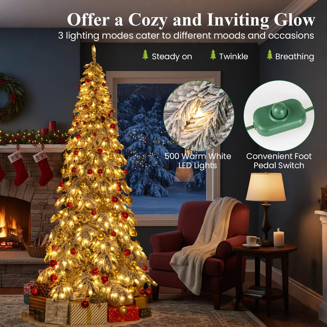 Goplus 9 FT Pre-Lit Snow Flocked Drooping Christmas Tree with Quick Power Connectors