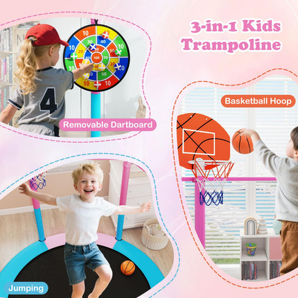 Goplus 60" Trampoline for Kids with Basketball Hoop Dart Board Safe Enclosure Net