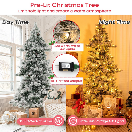 Goplus 7 FT Pre-Lit Snow Flocked Christmas Tree, Artificial Hinged Xmas Tree with 1057 PVC & Pine Needles Branch Tip