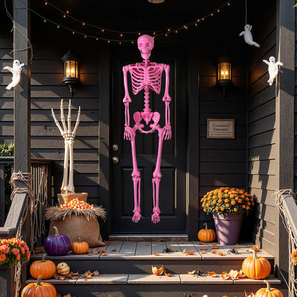 Goplus 5.5 FT Halloween Skeleton Pink Life-Size Poseable Skeleton with Movable Joints