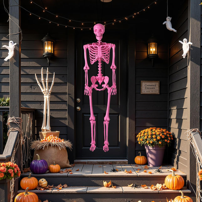 Goplus 5.5 FT Halloween Skeleton Pink Life-Size Poseable Skeleton with Movable Joints