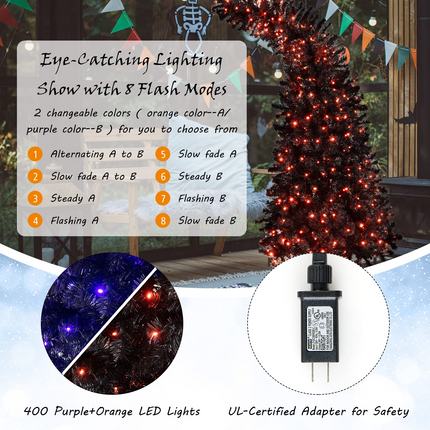 Goplus 7ft Pre-lit Black Halloween Tree, Hinged Artificial Christmas Tree with 1050 Tips, 400 Purple & Orange Lights - GoplusUS
