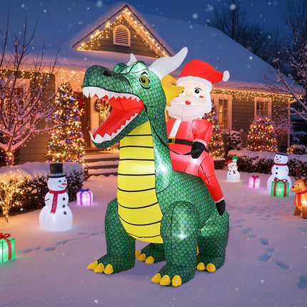 Goplus 6.7 FT Blow up Christmas Santa Claus Riding Dinosaur Decoration with Lights Stakes