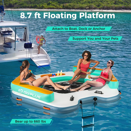 Goplus Inflatable Floating Dock, 8.7FT x 8.7FT Inflatable Dock Platform w/Detachable Ladder