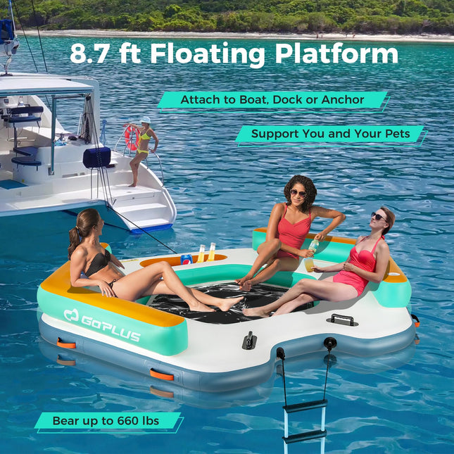 Goplus Inflatable Floating Dock, 8.7FT x 8.7FT Inflatable Dock Platform w/Detachable Ladder