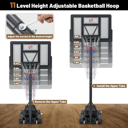 Goplus 4.4-10 FT Adjustable Portable Basketball Hoop w/44‘’ Shatterproof Backboard