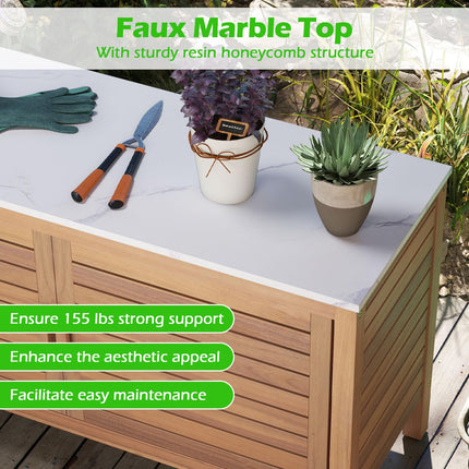 Goplus Patio 2-Door Acacia Wood Storage Cabinet with Faux Marble Top
