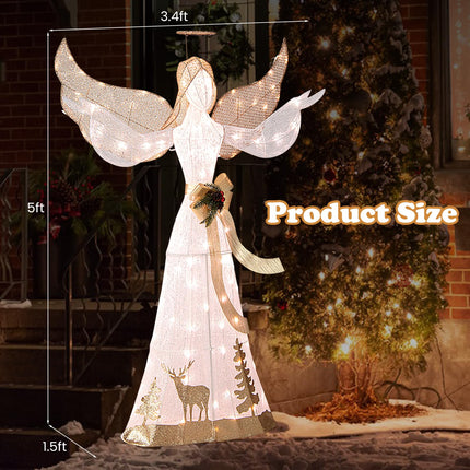 Goplus 5FT Lighted Christmas Angel Decoration, Pre-lit 3D Glittered Angel with 100 Warm White Lights