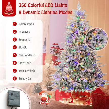 Goplus 7ft Pre-Lit Snow Flocked Christmas Tree, Artificial Hinged Full Xmas Tree with 350 Multicolored LED Lights