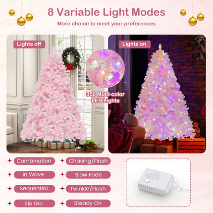 Goplus 6FT Pink Pre-lit Christmas Tree, Hinged Snow Flocked Artificial Xmas Tree, Seasonal Holiday Decoration for Office Home