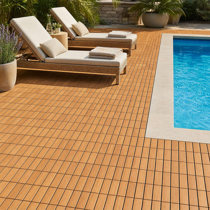 Goplus 27/54-Pack Acacia Wood Interlocking Deck Tiles (Grid) | Tool-Free Assembly